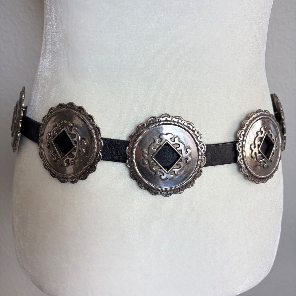 Brighton Vintage 1994 Western Black Leather Concho Belt Silver Tone USA Large